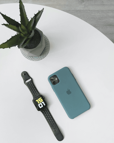 Grey Phone Case Mockup With Apple Watch