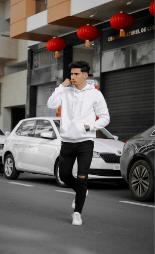 Man Wearing White Hoodie Mockup