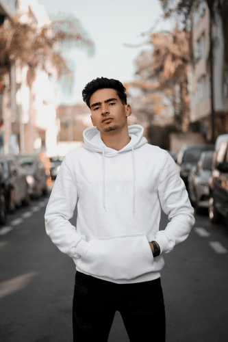 Man Wearing Standard Fit White Hoodie Mockup